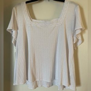 White Flowy Blouse - embroidered neckline lace top square neck spring feminine